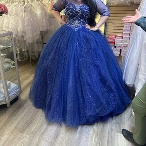 Elegant Blue Embellished Dress with Sheer Overlay